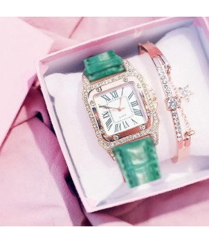 COFFRET MONTRE FEMME FANTAISIE BRACELET VERT FLORA