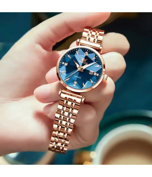 MONTRES QUARTZ FEMME DORÉE CADRAN BLEU 5536